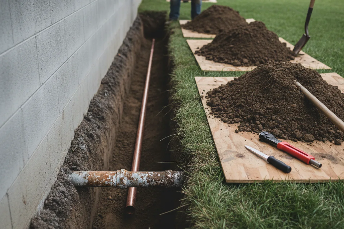 Excavated water line trench during Water Heater Repair in Pleasant Prairie